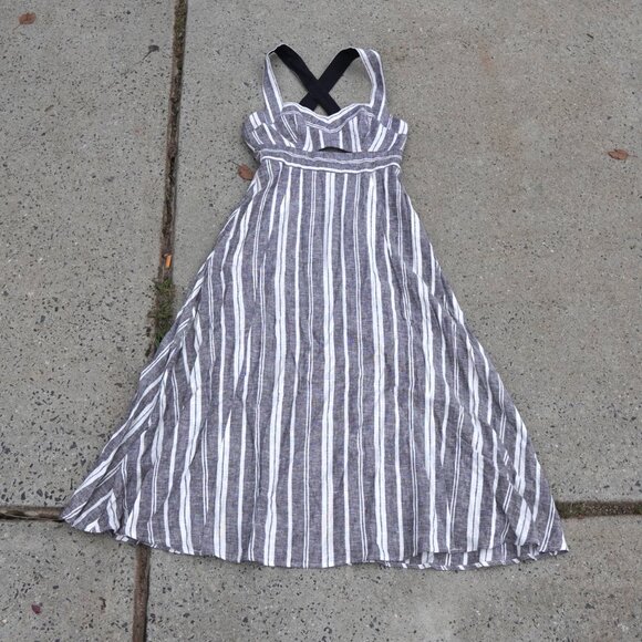 NWT BCBG MaxAzria Linen Blend Striped Cut-Out Halter Midi Dress 0 - Picture 1 of 11
